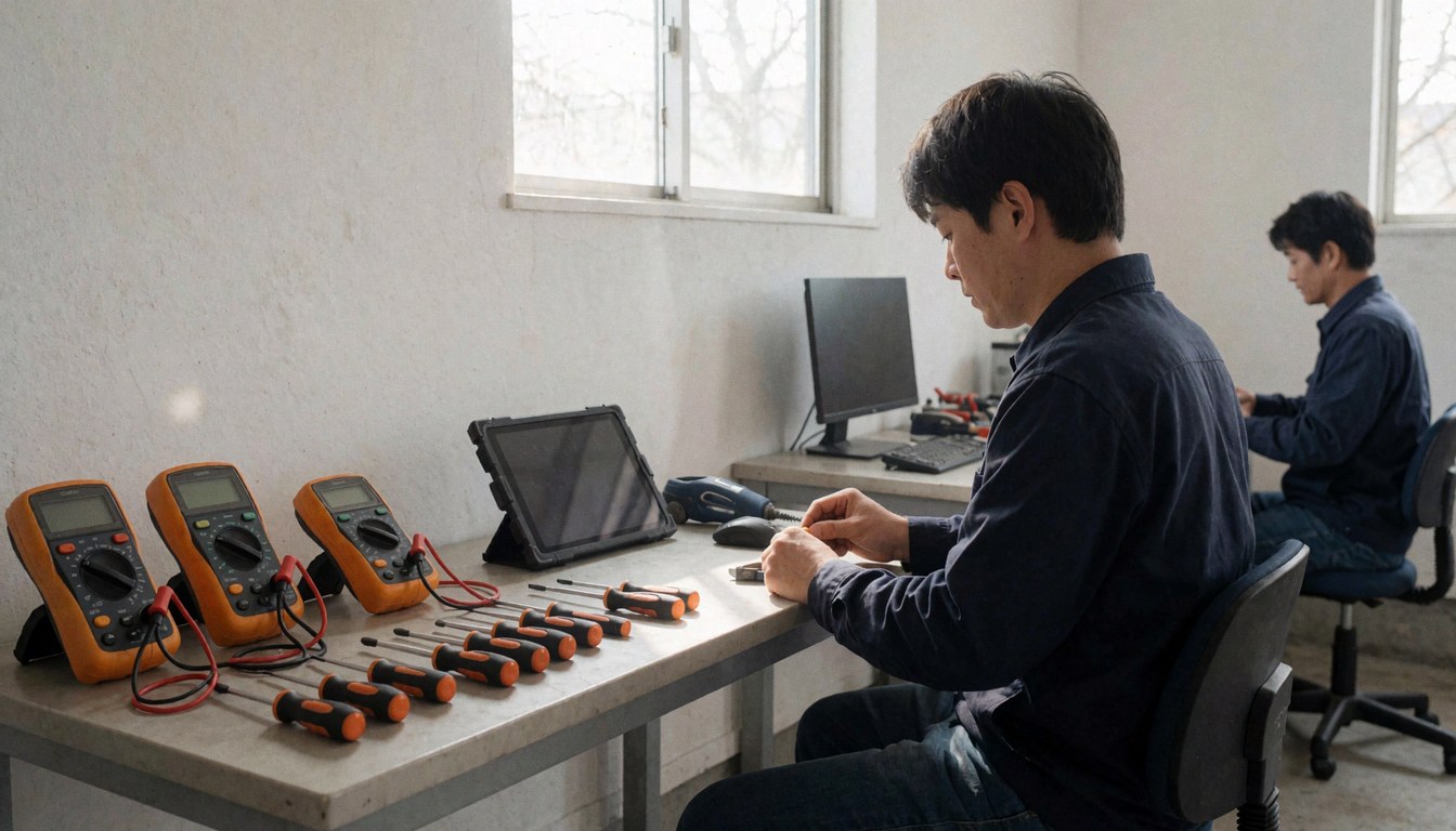 Un technicien effectue une réparation d'appareil électroménager dans un atelier bien éclairé, utilisant un multimètre et des tournevis.