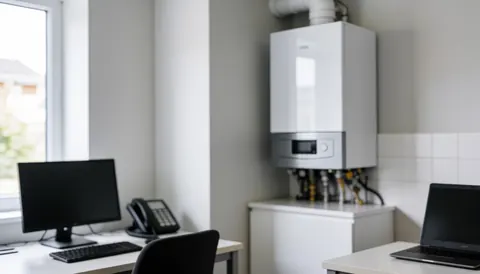 Chaudière moderne blanche posée dans un espace de travail avec des bureaux, des ordinateurs et un téléphone, évoquant les services de réparation et d'installation.