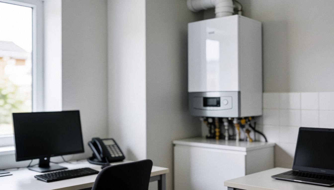 Chaudière moderne blanche posée dans un espace de travail avec des bureaux, des ordinateurs et un téléphone, évoquant les services de réparation et d'installation.