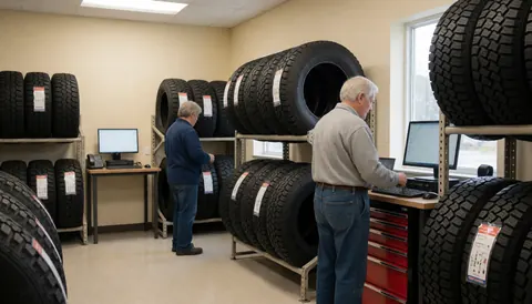 Vue d'un atelier de pneumatiques où deux personnes travaillent, l'une à un ordinateur et l'autre inspectant des pneus, entourées de rayonnages organisés de pneus de grande taille.