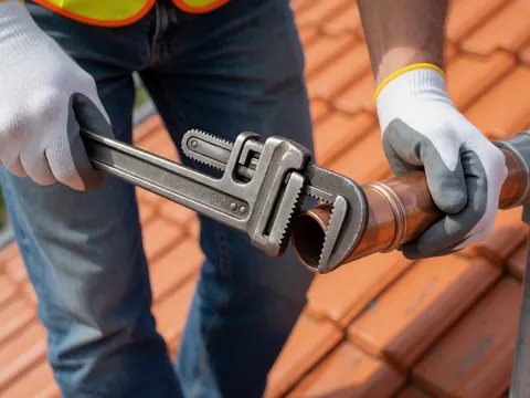 Mains gantées travaillant sur un tuyau en cuivre posé sur un toit en tuiles, dans le cadre d'une réparation de plomberie.