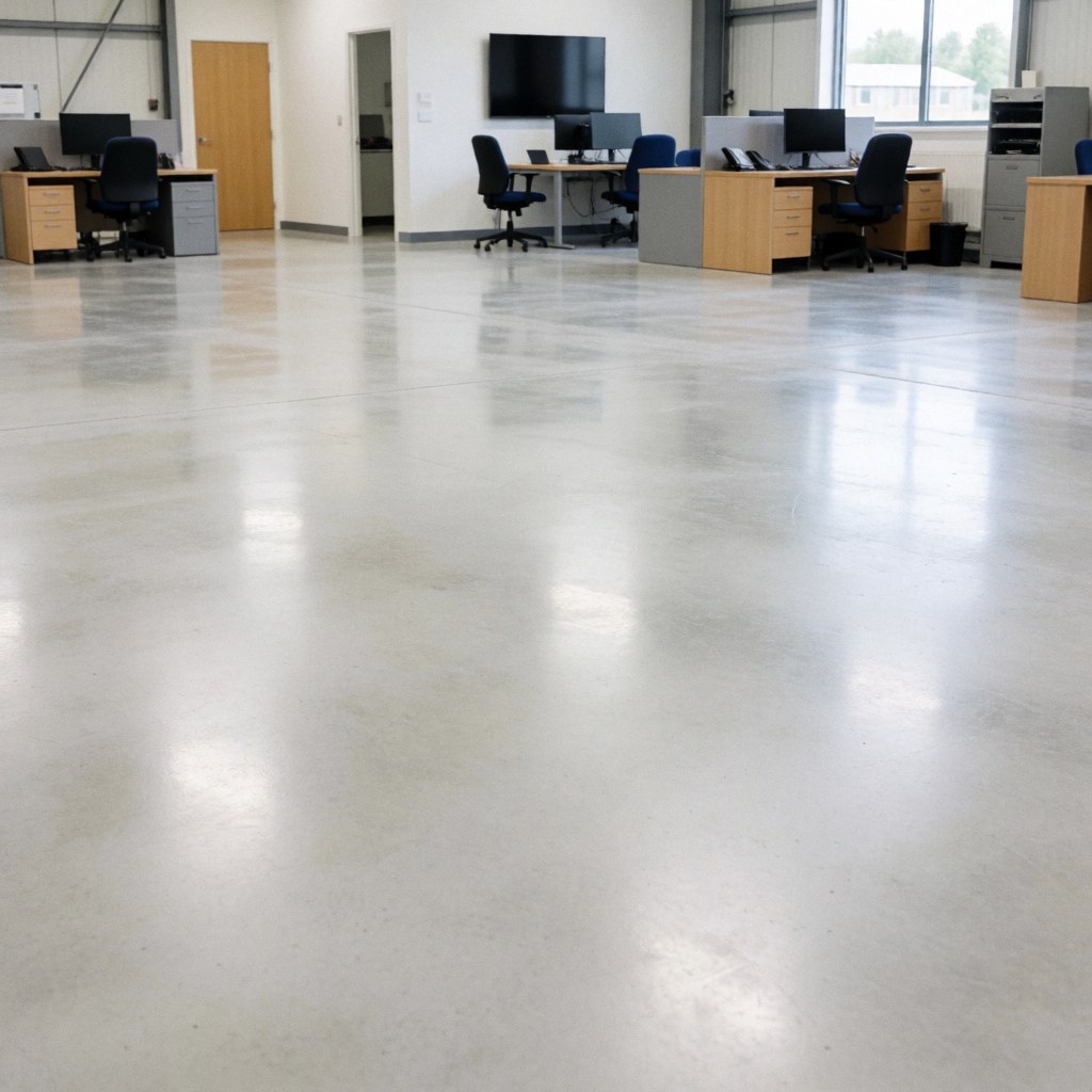 Intérieur d'un entrepôt industriel avec un sol en béton poli réfléchissant, des tables de travail et des chaises, adapté aux services de nettoyage industriel.