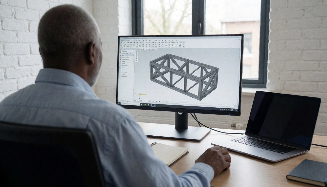 Un professionnel dessine une structure métallique sur un écran d'ordinateur dans un bureau moderne aux murs de briques blanches éclairé par la lumière naturelle.