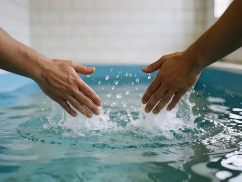 Mains d'un coach de natation brisant la surface de l'eau cristalline d'une piscine aux carreaux blancs, avec une éclaboussure symétrique.