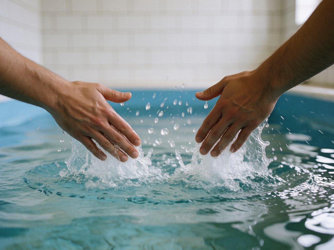 Mains d'un coach de natation brisant la surface de l'eau cristalline d'une piscine aux carreaux blancs, avec une éclaboussure symétrique.