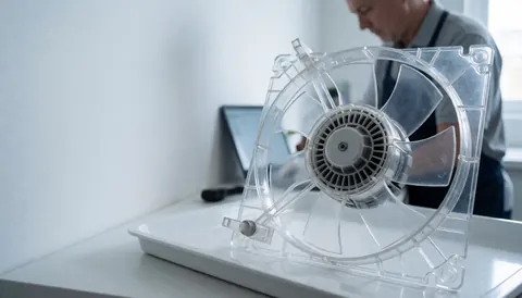 Évaporateur de réfrigérateur recouvert de glace posé sur une assiette blanche, avec un technicien travaillant en arrière-plan flou dans un atelier de réparation.