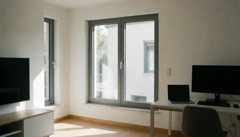 Fenêtre en aluminium anodisé installée dans un salon moderne avec murs blancs, sol en bois et lumière naturelle, idéale pour une entreprise de fenêtres.