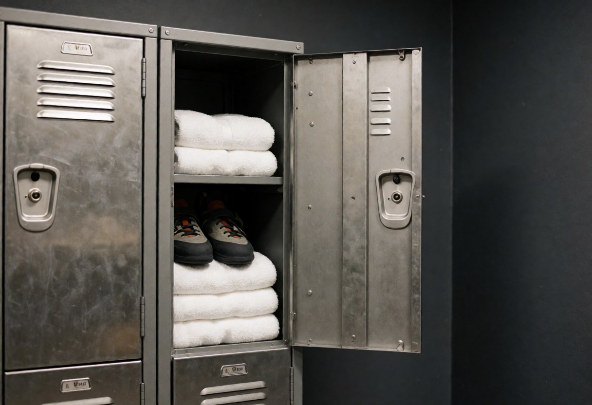 Coffre métallique ouvert avec chaussures de escalade et serviettes blanches, murs gris foncé, vestiaire de escalade propre