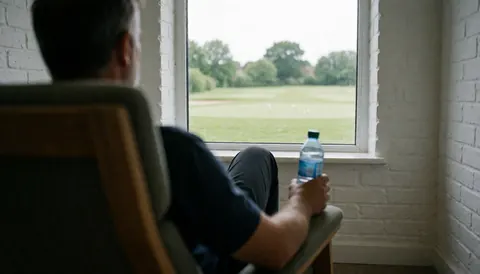 Personne assise sur un banc avec vue sur un terrain de golf, tenant une bouteille d'eau, mur de briques blanches, idéal pour la page d'accueil d'un site web d'instructeur de golf.