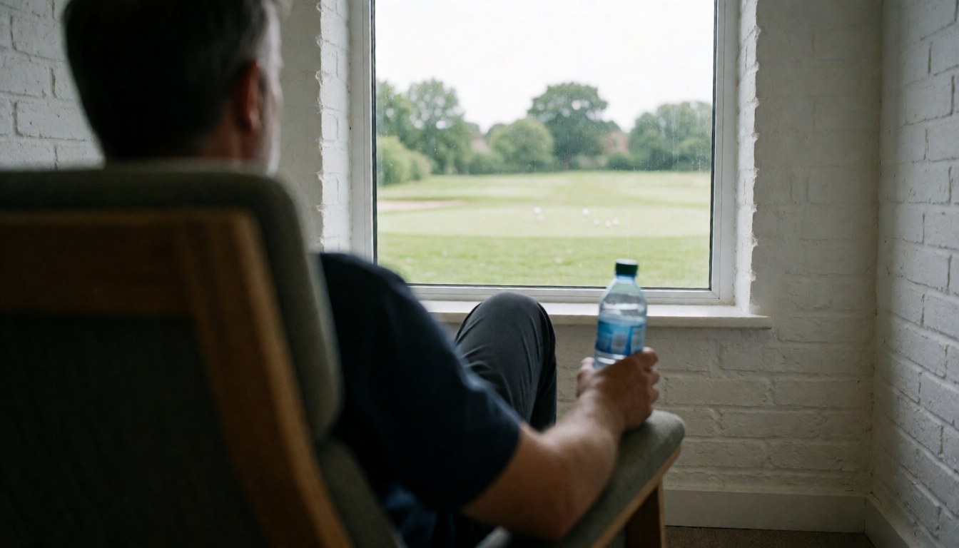 Personne assise sur un banc avec vue sur un terrain de golf, tenant une bouteille d'eau, mur de briques blanches, idéal pour la page d'accueil d'un site web d'instructeur de golf.