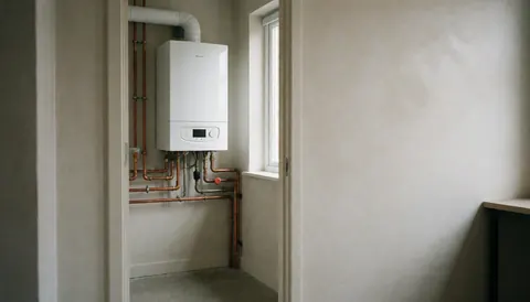 Chaudière murale blanche avec tuyauterie en cuivre dans un local technique propre et bien éclairé par une fenêtre, adaptée aux services de réparation de chauffage.