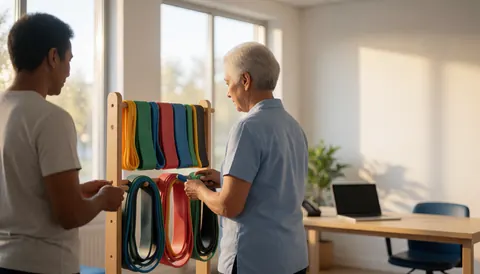 Fisiothérapeute senior utilise une bande élastique dans un studio de rééducation avec lumière naturelle par la fenêtre, créant une ambiance professionnelle et propre.