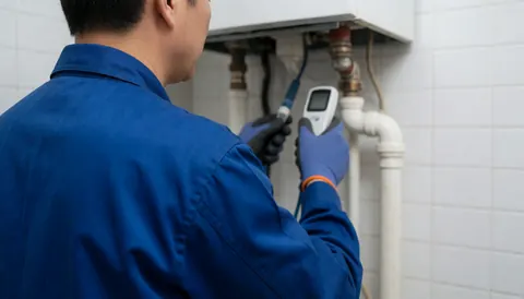 Technicien en uniforme bleu et gants utilisant un capteur pour mesurer la température des tuyaux d'une chaudière sur un mur de carreaux blancs.