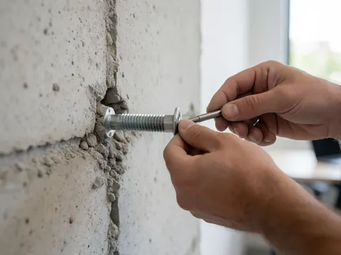 Gros plan de mains ajustant un ancrage métallique sur un mur en béton avec poussière visible, pertinent pour l'installation de caméras et la sécurité structurelle.