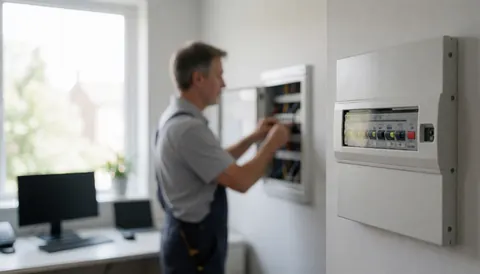 Un électricien professionnel ajuste des interrupteurs sur un tableau électrique blanc dans un environnement résidentiel avec une lumière naturelle et des murs propres.
