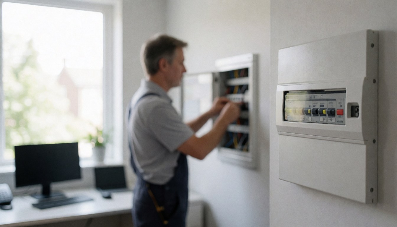 Un électricien professionnel ajuste des interrupteurs sur un tableau électrique blanc dans un environnement résidentiel avec une lumière naturelle et des murs propres.