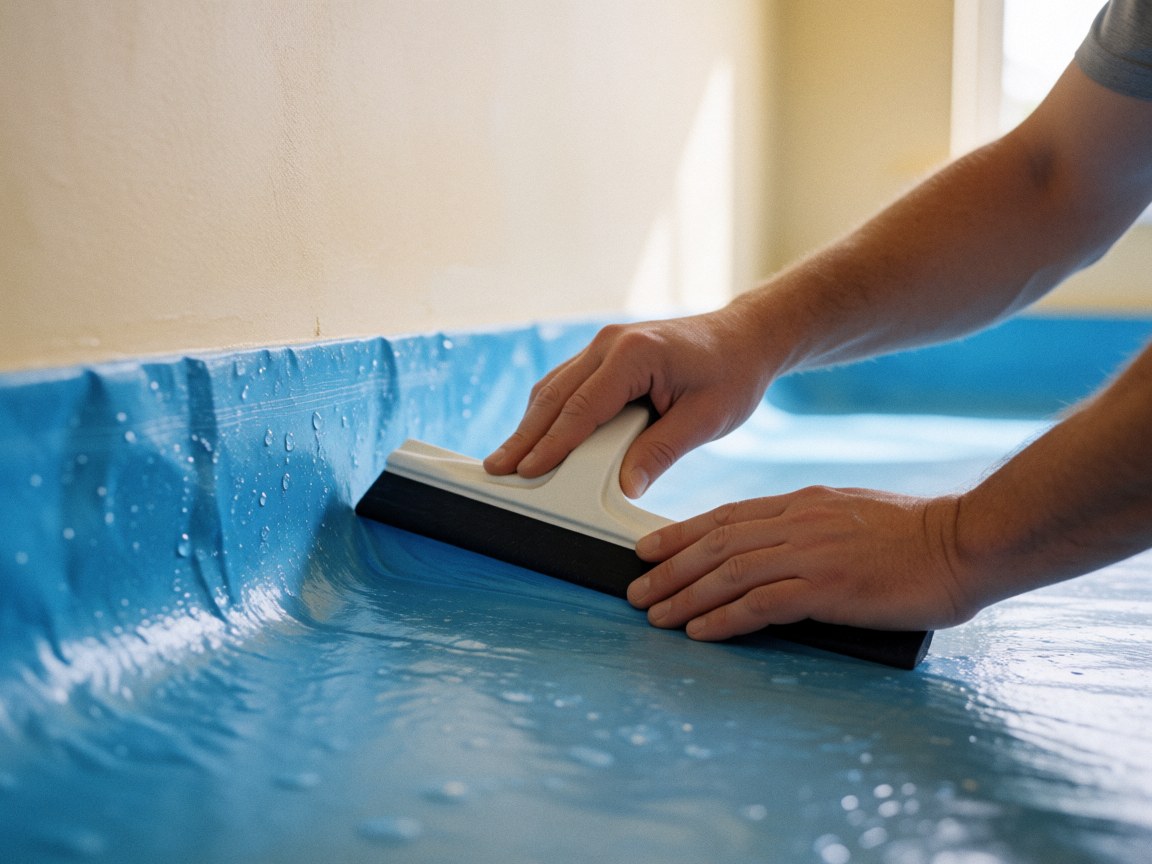 Des mains posent un film bleu sur une paroi beige près d'une piscine, avec de l'eau et des bulles visibles en détail.