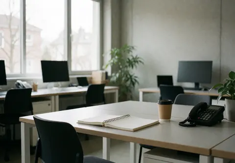 Bureau de travail avec un livre ouvert, une tasse de café et une plante, dans un environnement calme et lumineux.