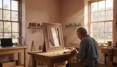 Un artisan sculpte un cadre de miroir dans un atelier de bois avec des outils et une lumière naturelle par les fenêtres.