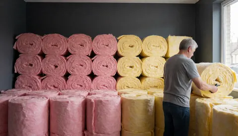 Un homme travaille avec des rouleaux d'isolation thermique rose et jaune dans un entrepôt aux murs gris et à la lumière naturelle.