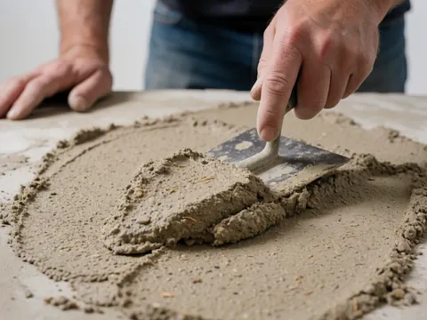 Gros plan d'une main utilisant une truelle pour appliquer de l'enduit sur une surface, mettant en évidence la texture et l'outil de finition pour les travaux de plâtrerie.