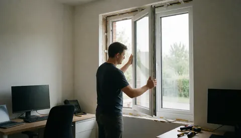 Un homme installe une fenêtre double vitrage dans un bureau aux murs nus, avec des outils sur le bureau et une lumière naturelle.