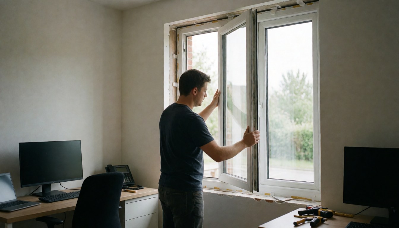 Un homme installe une fenêtre double vitrage dans un bureau aux murs nus, avec des outils sur le bureau et une lumière naturelle.