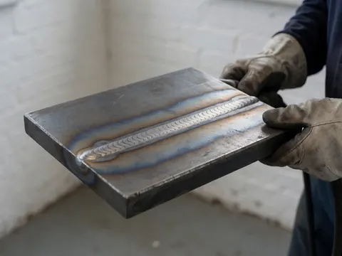 Gros plan d'un cordon de soudure MIG sur une plaque d'acier tenue par une main gantée, avec un mur de briques blanches en arrière-plan et des traces de chaleur.