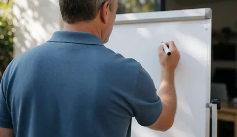 Entraîneur de football rédigeant une stratégie sur un tableau blanc en plein air, scène professionnelle et réaliste pour un site web.