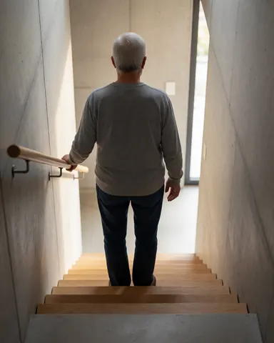 Un adulte marche sur un nouvel escalier en bois avec une rampe en bois, des murs en béton poli et une lumière naturelle.