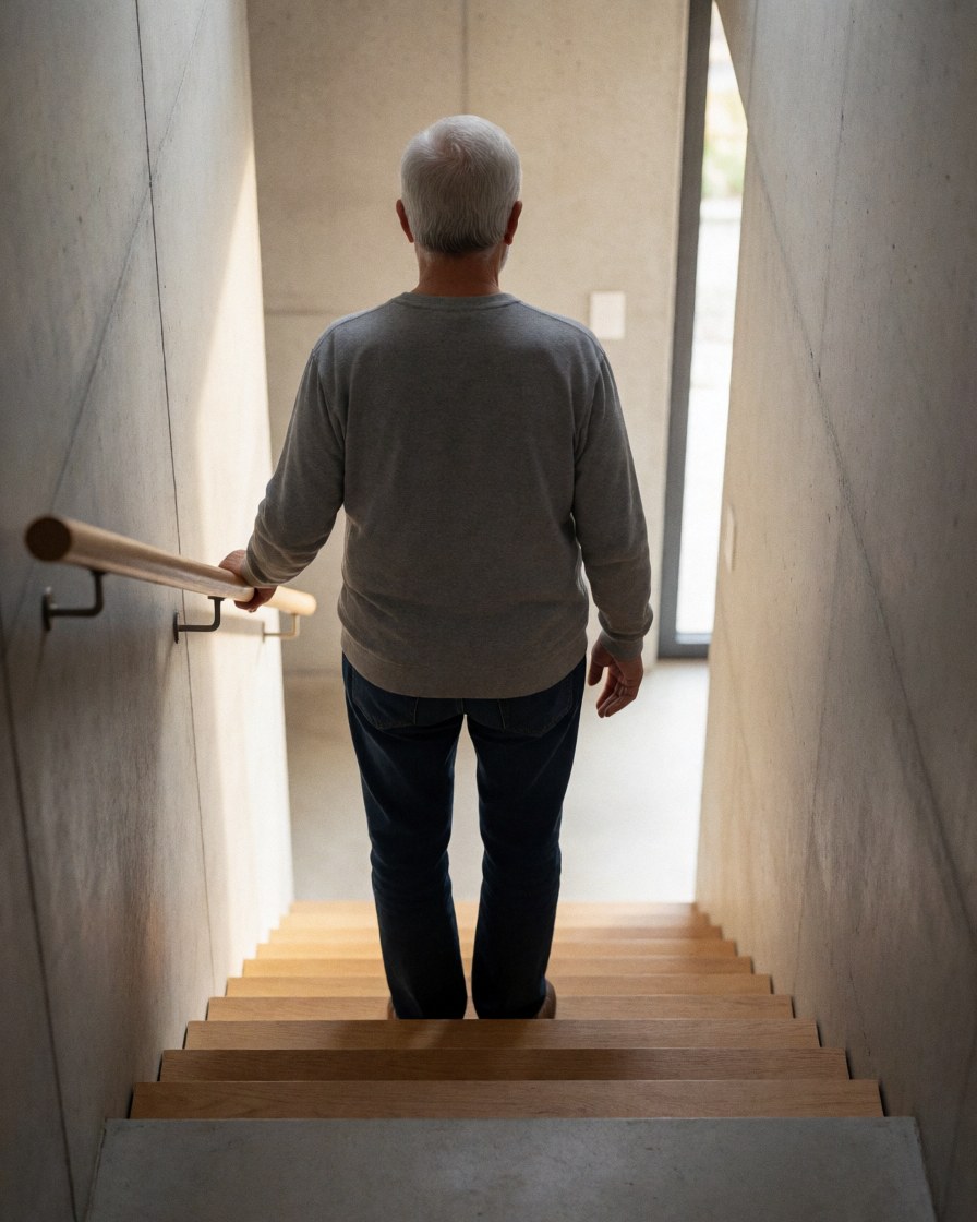 Un adulte marche sur un nouvel escalier en bois avec une rampe en bois, des murs en béton poli et une lumière naturelle.