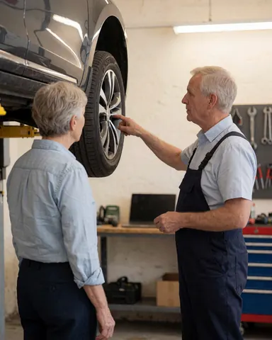 Mécanicien en tablier expliquant la réparation d'une roue à un client dans un atelier bien éclairé avec des outils au mur et un véhicule surélevé.
