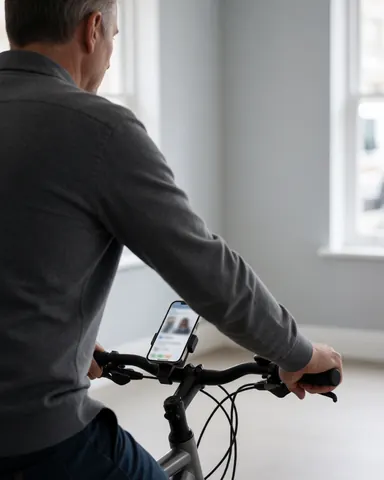 Cycliste de dos utilisant un smartphone fixé sur le guidon de son vélo, dans un cadre urbain avec des murs gris et des fenêtres, évoquant la logistique de la dernière mile.