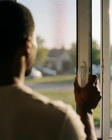 Personne ouvrant une fenêtre équipée d'une grille de sécurité, avec la lumière du coucher de soleil et un paysage extérieur visible, idéal pour un service de réparation de fenêtres.