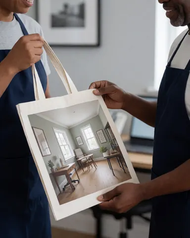 Une cliente souriante reçoit un sac en tissu personnalisé avec un design d'office moderne, dans un magasin de services d'impression.