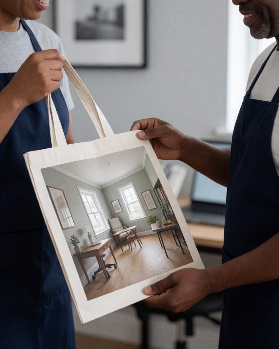 Une cliente souriante reçoit un sac en tissu personnalisé avec un design d'office moderne, dans un magasin de services d'impression.