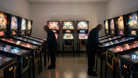 Deux personnes jouent sur des machines de flipper lumineuses dans un centre de loisirs aux murs blancs et au sol poli.