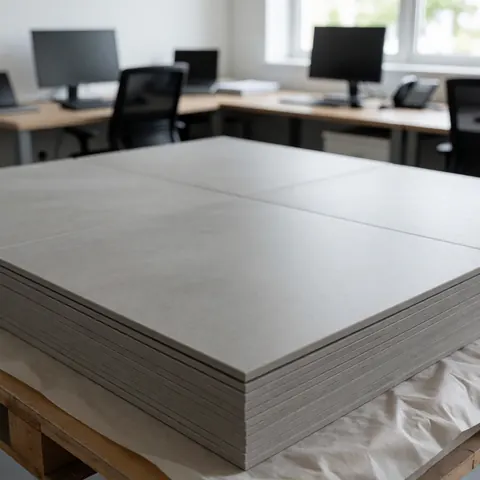 Empilement de carreaux de sol gris mat sur une palette en bois recouverte d'un papier protecteur, prêt pour une installation dans un bureau ou une maison.