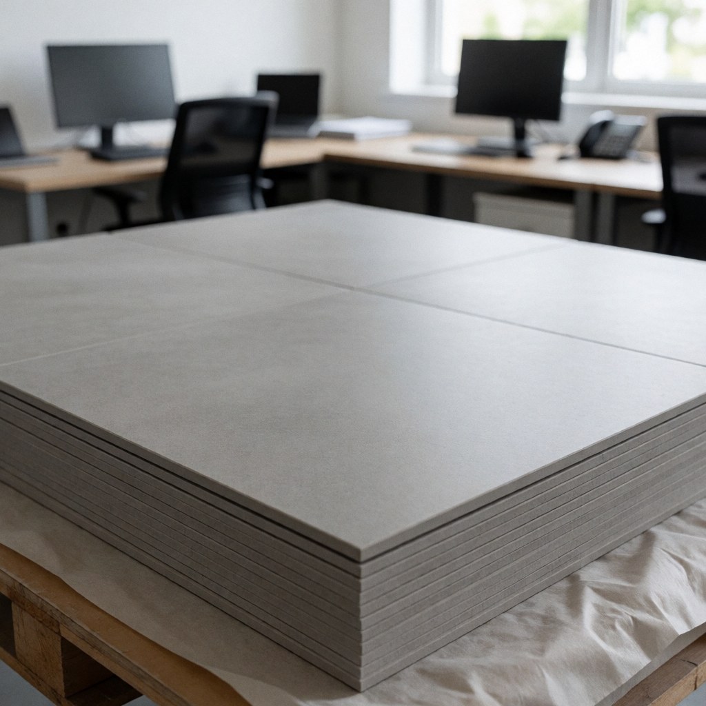 Empilement de carreaux de sol gris mat sur une palette en bois recouverte d'un papier protecteur, prêt pour une installation dans un bureau ou une maison.