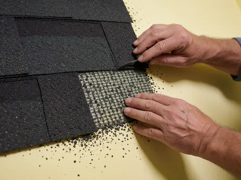 Une main utilise un outil pour retirer le granulat du toit, révélant la fibre de verre sous-jacente, dans le cadre d'une réparation de toiture.