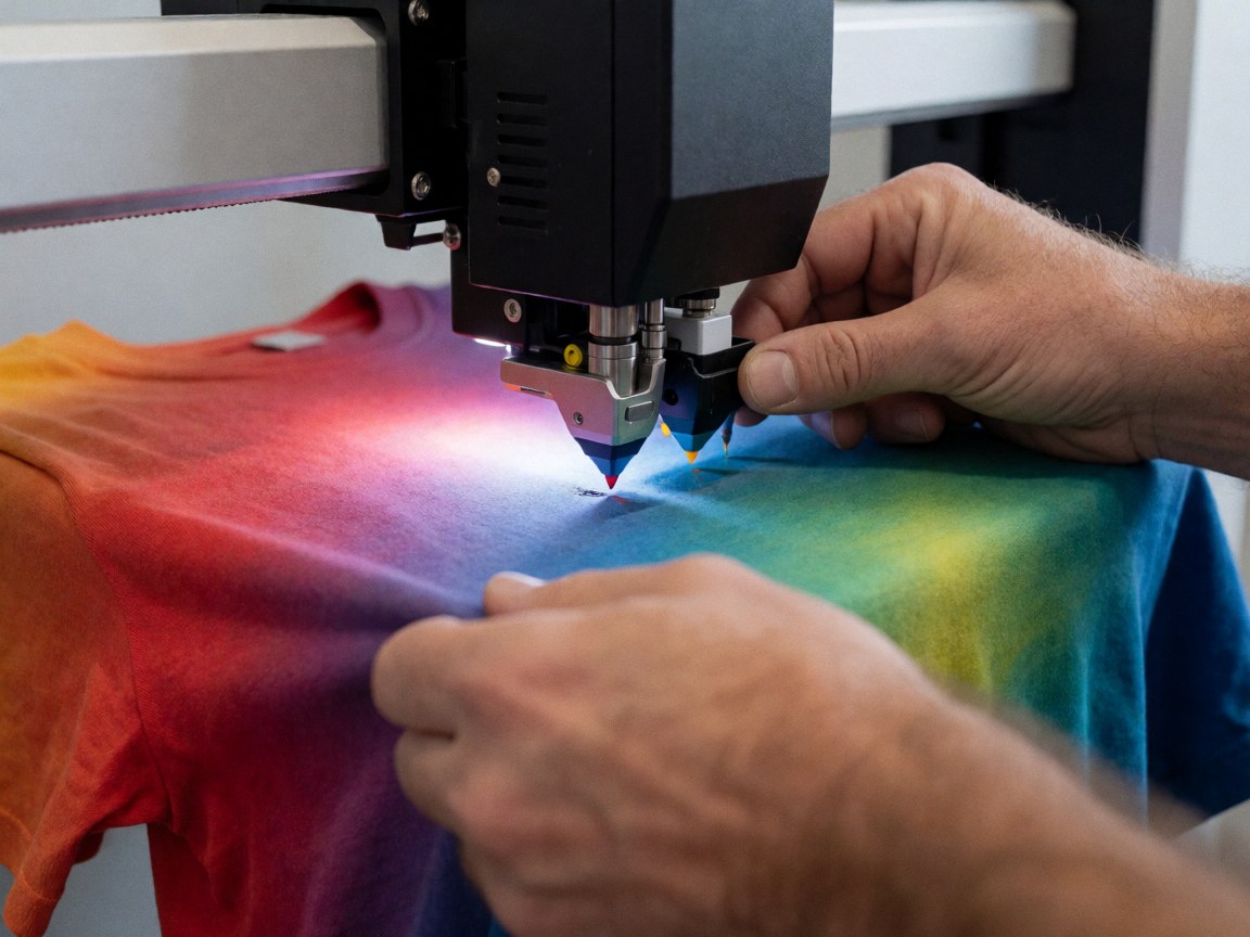 Des mains ajustent un t-shirt coloré pendant qu'une imprimante dtg dépose de l'encre en gouttes sur le tissu en coton.