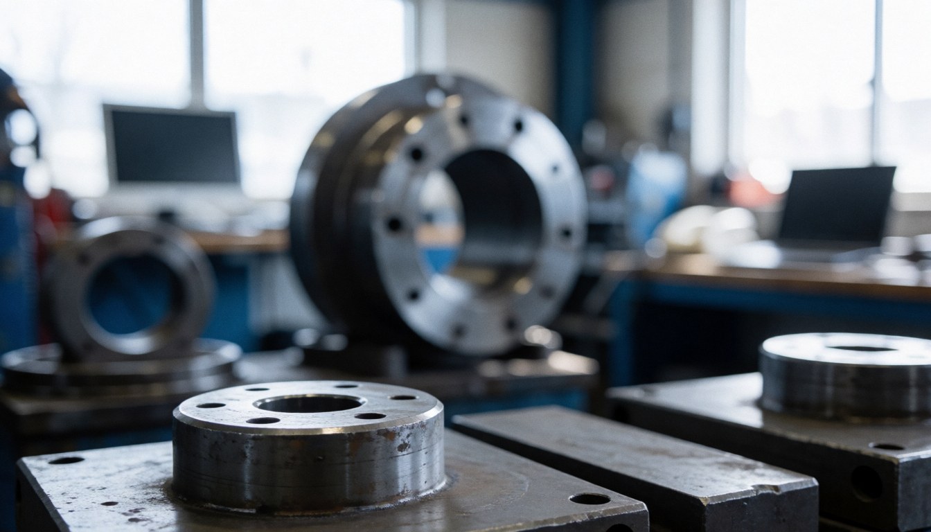 De grandes pièces métalliques dans un atelier industriel avec des outils, un éclairage direct et un fond flou pour ajouter du texte.