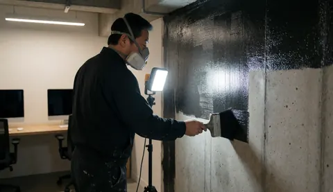 Un ouvrier en masque applique de la peinture bitumineuse noire sur un mur en béton avec un pinceil, éclairé par une lampe portable, scène d'étanchéification.