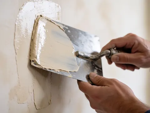 Gros plan d'une main utilisant une truelle métallique pour lisser un enduit beige sur un mur, révélant une texture lisse pour la décoration intérieure.