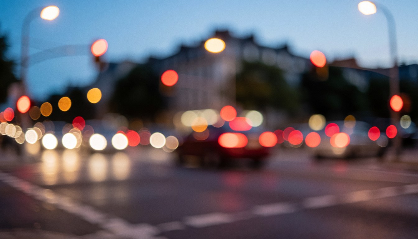 Fond urbain avec des lumières de circulation floues, des lampadaires et un ciel au crépuscule, idéal pour des textes liés au transport et à la logistique.