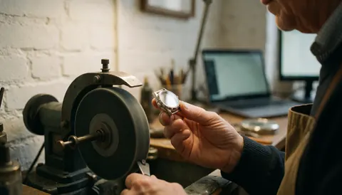 Une main tient un boîtier de montre brillant près d'un tour de polissage dans un atelier avec des murs en briques blanches et une lumière chaude.