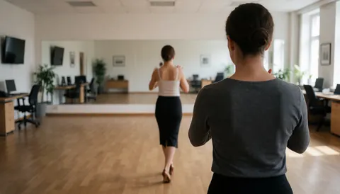 Vue arrière d'une femme en train de danser le tango dans un studio en bois avec des miroirs et une lumière naturelle.