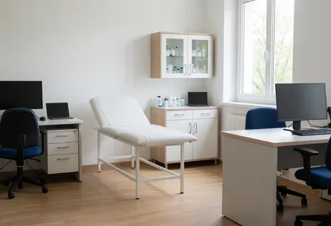 Salle médicale propre avec lits d'examen, armoire contenant des produits médicaux et ordinateurs, idéale pour un coach de cyclisme.