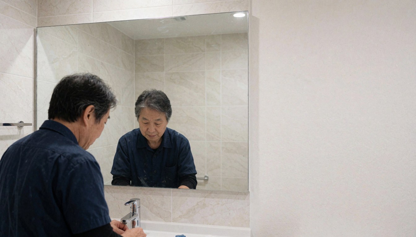Un installateur professionnel vérifie la pose d'un grand miroir sans cadre dans une salle de bain moderne aux carreaux propres, montrant le résultat final du service.