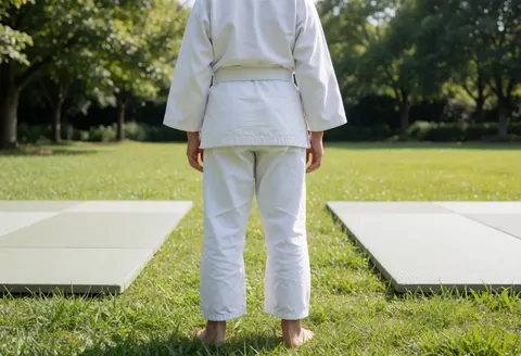 Étudiant de arts martiaux en gi blanc, de dos, sur des tapis dans un jardin avec de l'herbe et des arbres, idéal pour un instructeur de arts martiaux.